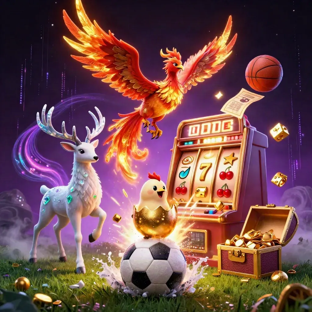 Fênix, veado místico, bola de futebol e caça-níquel dourado em cena neon