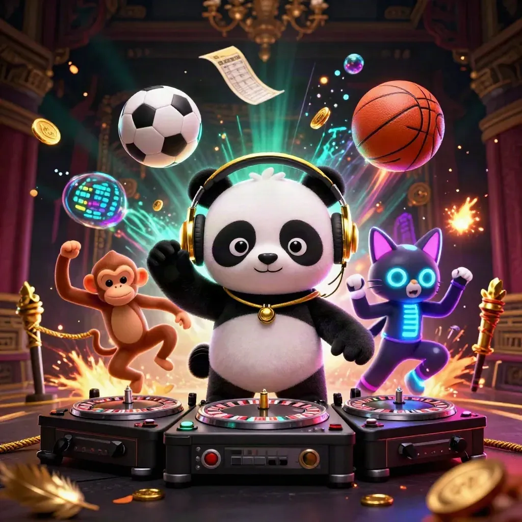 DJ panda, macaco e gatinho neon com bolas e cassino dourado em cena explosiva