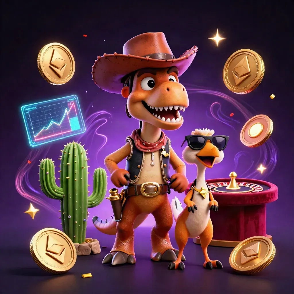 T-Rex cowboy, cacto de óculos e roadrunner num cassino luxuoso com moedas brilhando e energia mágica