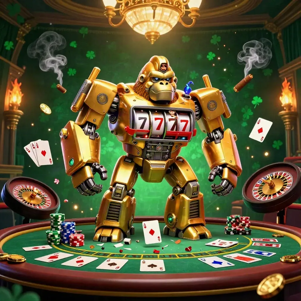 Gorila mecânico dourado com macaco piloto, mesa de pôquer, roleta e clima luxuoso esmeralda e ouro.