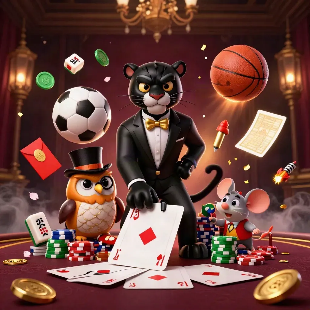 Pantera, coruja e rato em cena luxuosa com bolas, cartas e moedas douradas.