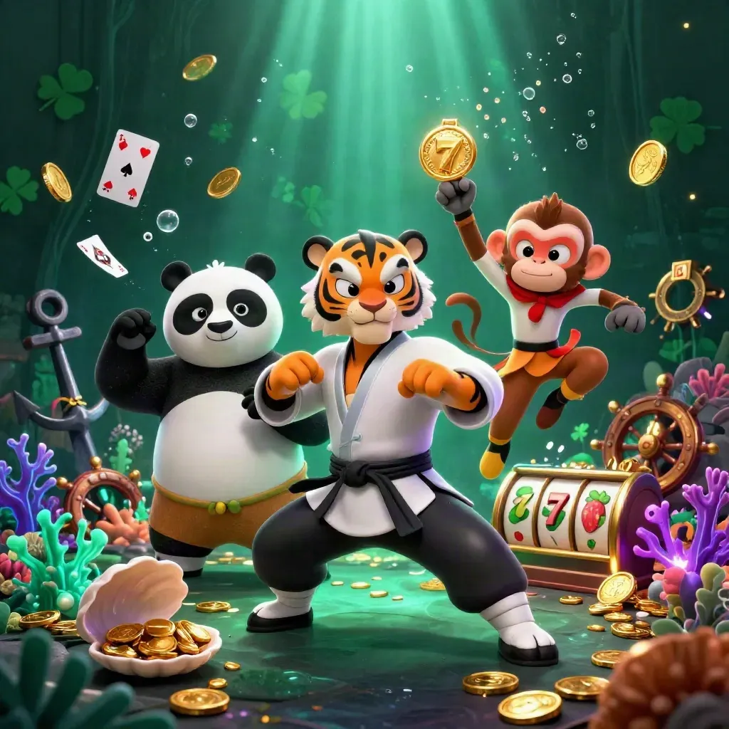 Tigre, panda e macaco kung-fu subaquáticos com moedas, coral e luz neon.