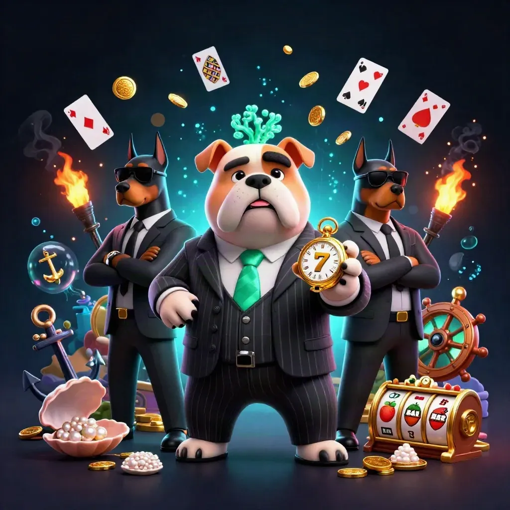 Bulldog mafioso e dois dobermans cercados por moedas, cartas, corais e neon.