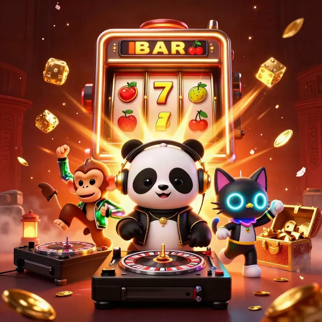 Panda DJ, macaco dançarino e gatinho com glow sticks cercados por caça-níqueis, dados e ouro.