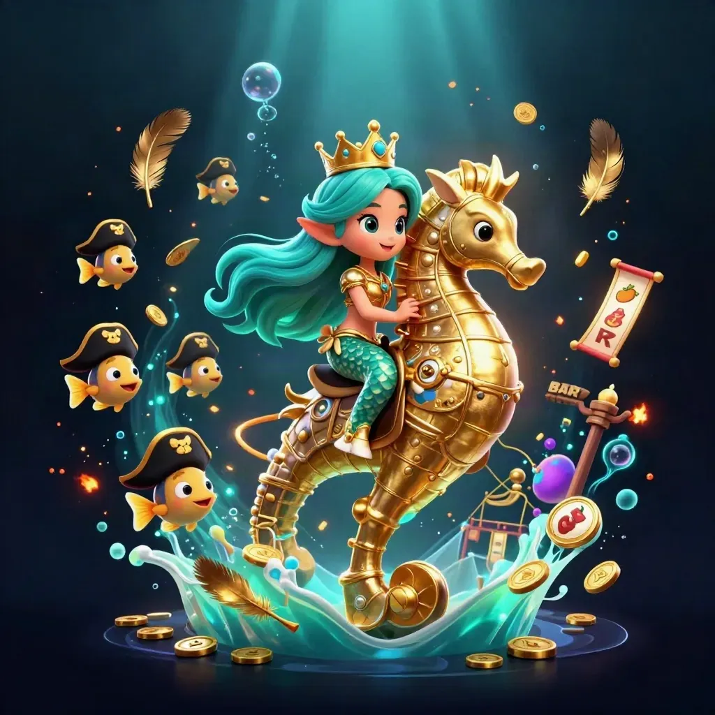 Sereia princesa em cavalo-marinho dourado, peixes piratas e moedas brilhando no fundo escuro.