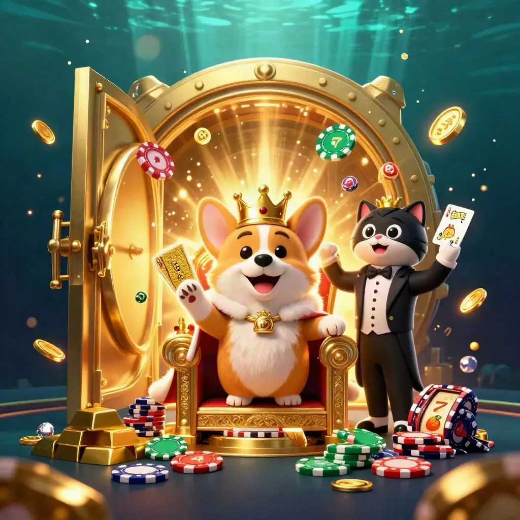 Corgi coroado e gato mordomo em cena luxuosa com cofres, ouro e cartas.